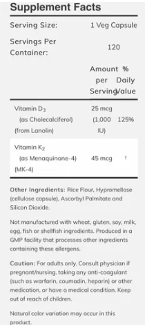 Vitamin D3 & K2 1.000 UI / 45 mcg (120 caps) - NOW Foods - comprar online