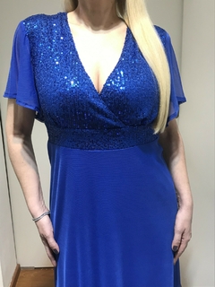 VESTIDO LARGO DE FIESTA CON BUSTO Y CINTURA DE LENTEJUELA. MODELO CRUZADO CON MANGAS DE MICROTUL - comprar online