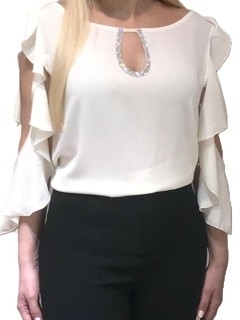 BLUSA CON GOTA DE STRASS CON MANGAS DE VOLADO DE GASA CREPPE GEORGETTE. ULTIMA TENDENCIA