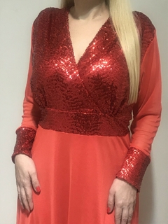 VESTIDO CON MANGA LARGA DE MICROTUL CON BUSTO CINTURA Y PUÑO DE LENTEJUELA - Samar Moda