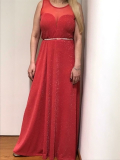 VESTIDO LARGO CON ESCOTE CORAZON PROFUNDO DE LUREX YACARTA VIENE COMBINADO CON MICROTUL Y CINTURON DE STRASS