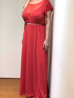 VESTIDO CON MANGAS SOMBRERO DE LUREX YACARTA ROJO CON PLATA COMBINADO EL ESCOTE CON MICROTUL VIENE CON CINTURON DE STRASS - comprar online