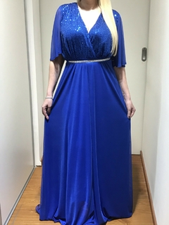 VESTIDO LARGO CRUZADO CON MANGA AL CODO DE MICROTUL, BUSTO DE LENTEJUELA, COMBINADO CON MICROTUL Y CINTURON DE STRASS - tienda online