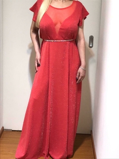 Imagen de VESTIDO CON MANGAS SOMBRERO DE LUREX YACARTA ROJO CON PLATA COMBINADO EL ESCOTE CON MICROTUL VIENE CON CINTURON DE STRASS