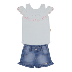 Conjunto Bebê Body Verde Pastel Com Pérolas E Short Jeans 12399 - Paraíso