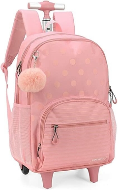 Mochila com Rodinhas Rosa Poá Chaveiro Pompom Up4You - Luxcel