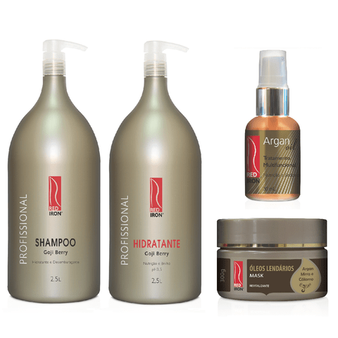 Kit Red Iron Goji Berry Shampoo 2,5L + Hidratante 2,5L + Óleos Lendários Mask 300g + Oil Argan 30ml