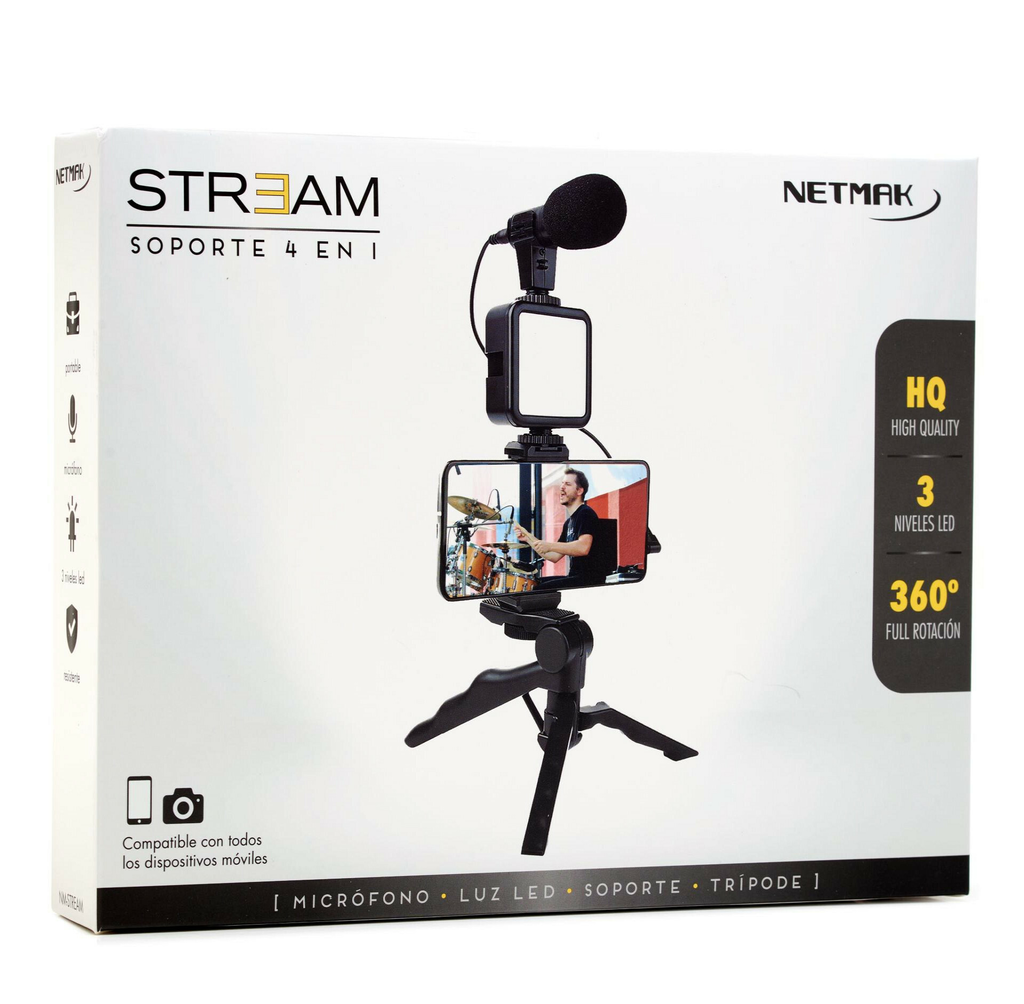 Combo Streaming 4 en 1 Luz, Microfono, Tripode y Soporte para celular  Netmak NM-STREAM