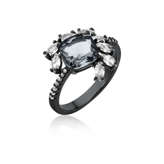 anel semijoia carré em cristal quartzo fumê e zircônias banhado a ródio negro