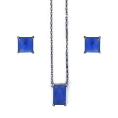 conjunto semijoia quadrado cristal azul safira leitoso banhado a ródio negro