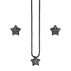conjunto semijoia de brinco e colar em formato estrela com zircônias banhado a ródio negro