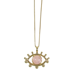 colar semijoia em formato de olho grego com pedra quartzo rosa banhado a ouro 18k