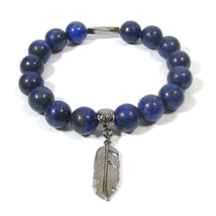 pulseira japamala semijoia de lapis lazuli e pingente pena banhado a ródio negro