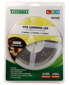 FITA LED TASCHIBRA IP20 12V 5M 3000K C/ FONTE