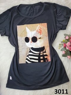 Blusinha T-Shirt Viscolycra Flocada Gato de Óculos (BTV3011)