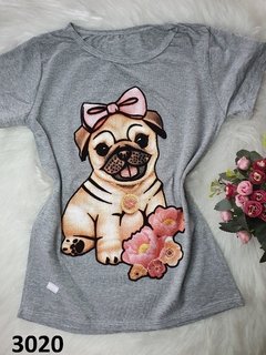 Blusinha T-Shirt Viscolycra Flocada Cachorro Pug (BTV3020)