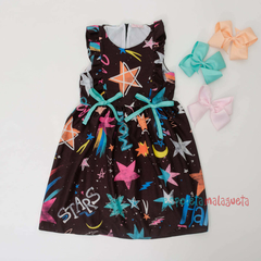 Vestido infantil preto Mon Sucré Sonho Estrelado manga curta coleção outono-inverno