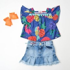 Conjunto bata abacaxi e saia jeans Mon Sucré