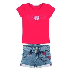 Conjunto Mon Shorts jeans e camiseta gatinha Ser Garota - loja online