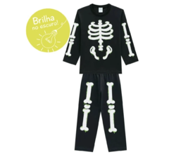 Pijama infantil menino esqueleto preto brilha no escuro - loja online