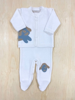 Conjunto Branco Cachorrinho Azul - Baby Fio Tricot Infantil