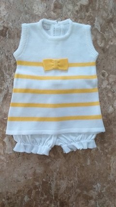 Vestido Trapézio Curto Branco e Amarelo - Baby Fio Tricot Infantil