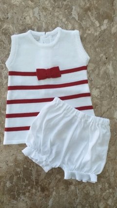 Vestido Trapézio Curto Branco e Vermelho - Baby Fio Tricot Infantil