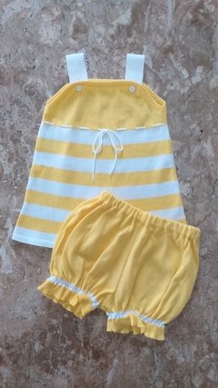 Conjunto banho de sol Listrado Amarelo/Branco - Baby Fio Tricot Infantil