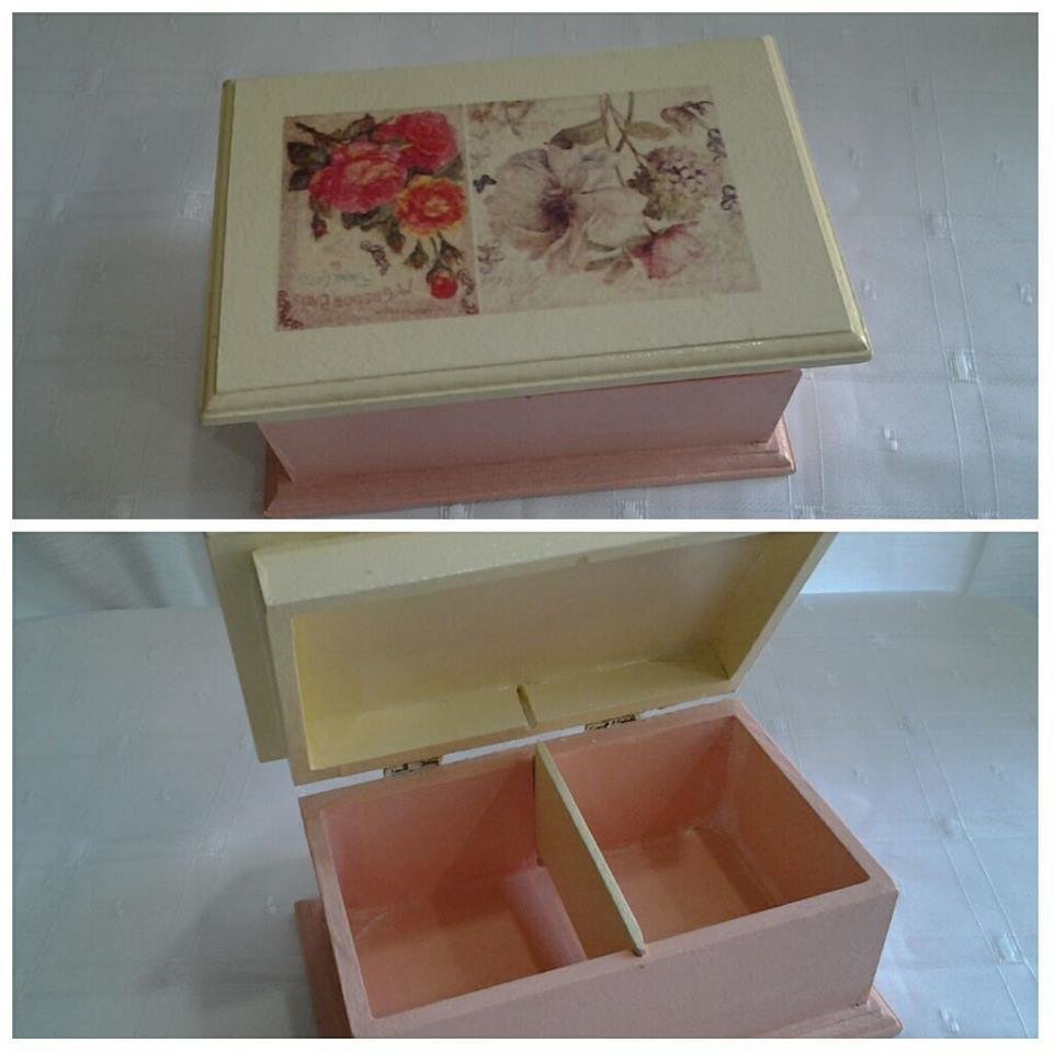 Caja porta te decorada de madera, rosa y crema, 18 x 11cms (0318)