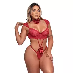 Body Presente Surpresa Rendado com Colar de Laço VERMELHO Tallyta Moda Apimentada