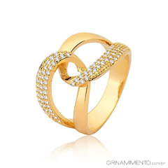 Anel Semi Joia Fina Trançado Simples com Zircônias Folheado Ouro 18K 3