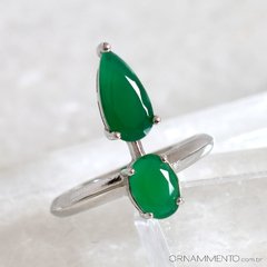 Anel Semi Joia Fina Zircônias Oval Gota Verde Ródio