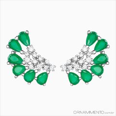 Brinco Ear Cuff Gotas Verdes e Zircônias Brancas Ródio Semi Joia