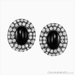 Brinco Oval Cabochão Negro e Zircônias Ródio Negro Semi Joia