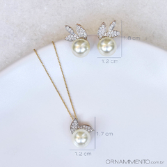 Conjunto Colar e Brincos Pérola e Folhas Cravejadas Folheado Ouro 18K 2