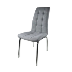 Silla moderna de lino gris con base cromada, diseño elegante y cómodo.