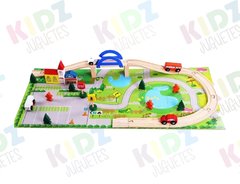 Pista de autos con vehiculos y ciudad 29 piezas con piso puzzle - KIDZ juguetes