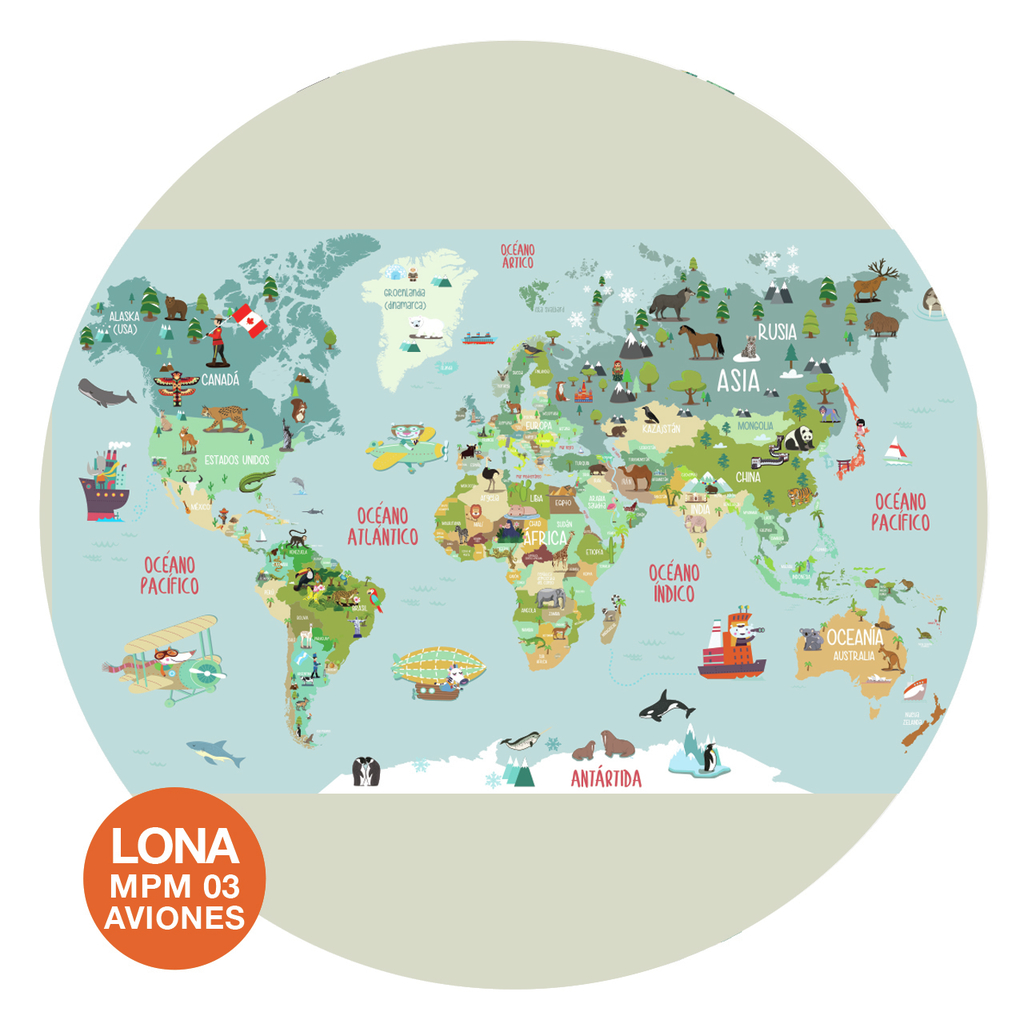 Lona Didactica Mapa Mundi Planisferio Infantil Animales