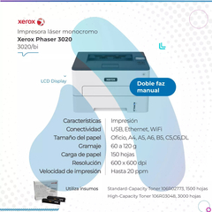 XEROX IMPRESORA LASER PHASER 3020 USB/WIFI 21 PPM - tienda online