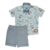 Conjunto social infantil com camisa creme estampada de bichinhos e bermuda na cor bege 