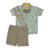 Conjunto masculino infantil com estampa de dinossauro com bermuda cáqui.
