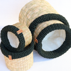 Jogo Cestos de Palha Redondo Crochê Verde Musgo  ( 4 Peças ) - comprar online