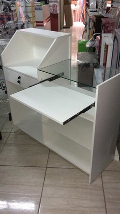 Balcão caixa e vitrine com mesa teclado MDF Branco.cód SIKL - comprar online