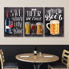 KIT 3 Placas Decorativas Drink Wine Beer P&B