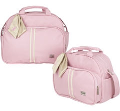 Conjunto de bolsas rosa, incluindo uma bolsa grande e uma bolsa pequena, com detalhes em creme e um lenço decorativo.