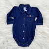 Body Anjos Baby:  cor azul jeans de manga longa com botões frontais e bolso.