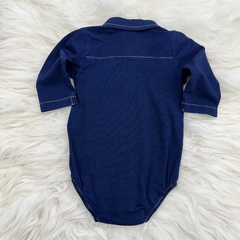 Body Anjos Baby, body azul marinho para bebês com mangas longas e detalhe de costura.