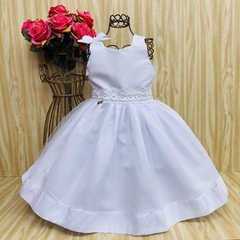 Vestido de festa infantil Elida, branco, com detalhes em renda e laço.