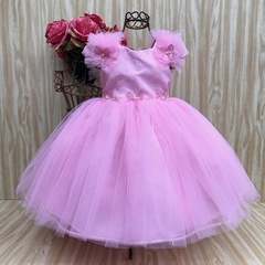 Vestido de festa infantil Rosane, rosa, com tule e detalhes em borboletas, perfeito para eventos especiais.