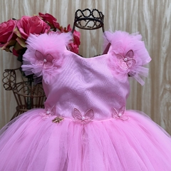 Vestido de festa infantil Rosane, rosa, com detalhes em tule e laços, ideal para festas.